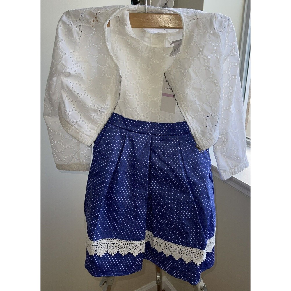 Girls Size 6 NWT Vintage Sweetheart Rose 2 Piece. Blue With White Polka dots.